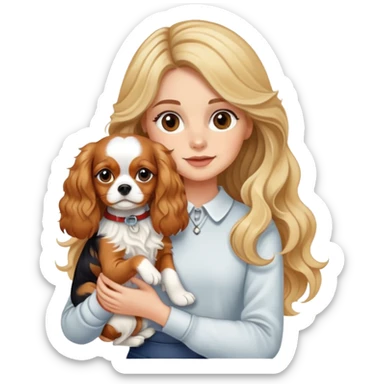 Girl with fair skin, long and wavy hair with blonde highlights, holding a cavalier king dog sticker