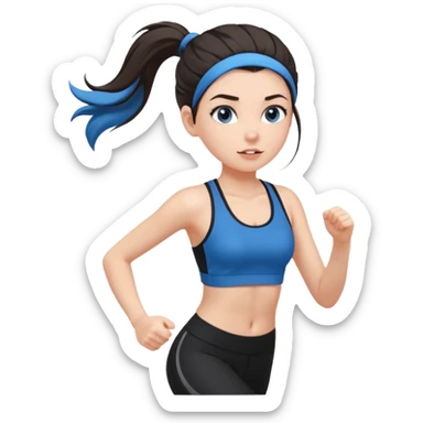 A girl with fair skin and a caring blush. Her eyes are big, expressive, blue. Her hair is long, straight, dark brown. 

 in a ponytail 

running, she is wearing black leggings and a black sports bra sticker