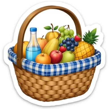 blue plaid lining basket with both food, drink and fruits sticker
