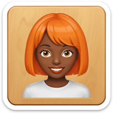 dark skinned Black woman with orange bob wig like Chucky's hair, visible plaque on her teeth sticker