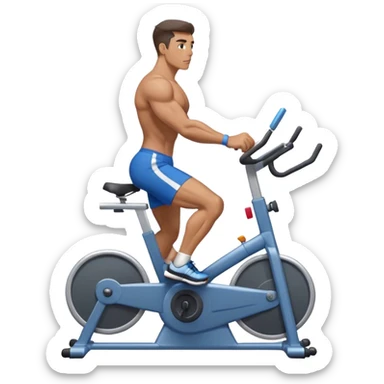 buff guy blue shorts grey stationary bike sticker