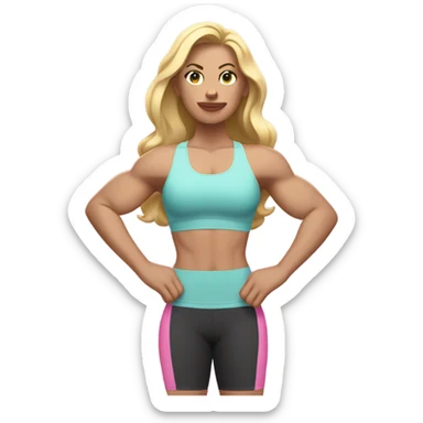 White woman, long hair, blonde hair, wavy hair, baby pink sports bra, flexing arm muscles sticker