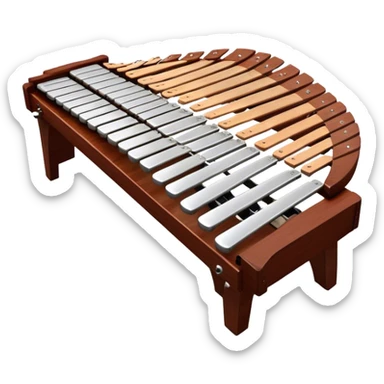 Create a detailed and professional emoji representing a Fleet FLT-SX37 long orchestral wooden xylophone. The design should showcase the large wooden bars of the xylophone, arranged in a traditional setup, with soft metallic accents on the mallets. The bars should have a rich wood texture, with polished details to reflect the quality of the instrument. The mallets should be held above the bars, with the heads clearly visible. Use warm, rich wood tones like mahogany and light brown, with silver or metallic accents for the mallets. Add subtle musical notes floating above the xylophone to emphasize its melodic sound. The background should be transparent. sticker