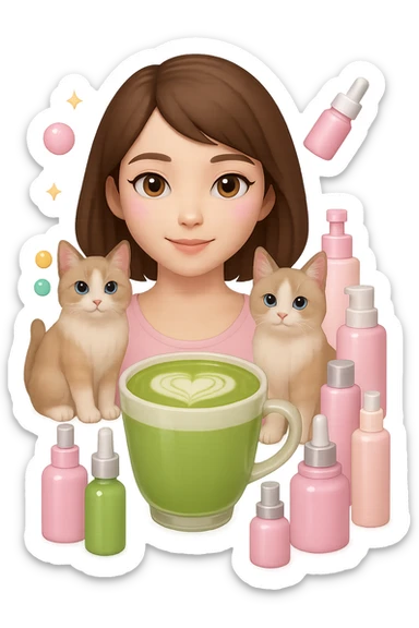 Add a matcha latte to the scene, keeping the Apple emoji style and pink soft girl aesthetic, featuring the girl with short brown hair, makeup, skincare, sparkles, and two light brown ragdoll cats. Maintain the transparent background and the overall Apple emoji style look. sticker