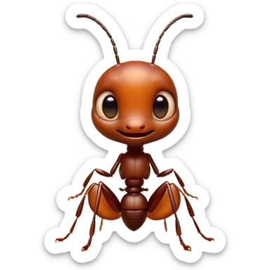 Cinematic Cute Ant Portrait Emoji, Head tilted playfully and inquisitively, featuring a minuscule, charming body with a delicately textured exoskeleton and round, sparkling eyes brimming with curious mischief, Simplified yet irresistibly adorable features, highly detailed, glowing with a warm, inviting earthy glow, high shine, affectionate and lively, stylized with a touch of whimsical industrious charm, soft glowing outline, capturing the essence of a mischievous ant that seems as if it could scurry out of the screen into your arms! sticker