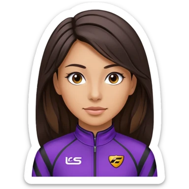 brunette long hair woman with black racing outfit with purple strips sticker