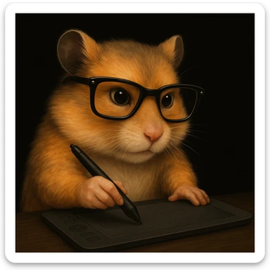 Create an image of a mature, modern, semi-realistic hamster wearing cool glasses, matching the style of the reference image. The hamster should be shown creating a design or making animations, showing creative action, on a solid black background, not overlapping with other elements. sticker