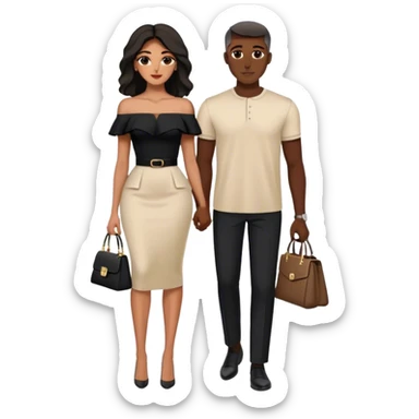 the Lebanese man dressed in all black, and the Palestinian woman in an elegant off-shoulder cream-colored outfit with a matching handbag. sticker