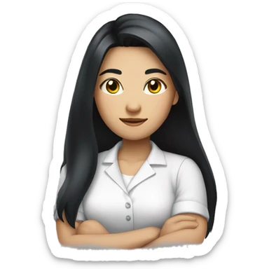 A woman with a confident expression, arms crossed, long black hair, wearing a bright white shirt, asian
 sticker