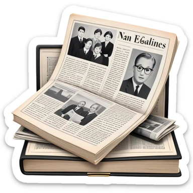 Icon for Non-Fiction & Narrative Reading: an open book with black-and-white photos on the pages, surrounded by a pile of newspaper clippings, and an open folder with top-secret documents. The icon should reflect the blend of real stories and facts in non-fiction literature. Transparent background. sticker