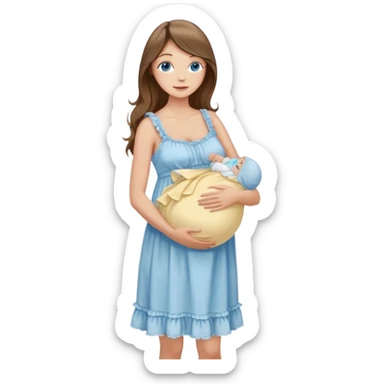 Beautiful Woman with Blue eyes, and long flowing almond brown hair and a light peachy tan skin tone, standing in a relaxed pose holding her visible baby bump in a frilly buttercream colored babydoll sundress  sticker