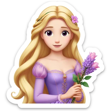 Cinematic Realistic Rapunzel Portrait, with porcelain-like skin featuring a subtle, natural glow, illuminated by soft lighting that brings out the gentle contours of her face. Her long, golden blonde hair cascades in detailed waves, each strand highlighted with a radiant shimmer as it catches the light. She playfully holds a flower in one hand, her other hand resting casually in her lap, with a warm and spirited expression. Her bright, expressive green eyes exude curiosity and warmth, framed by delicate lashes and soft, arched brows. She is dressed in her classic lavender and pink gown, the fabric textured with delicate folds that flow naturally, catching the light with a soft, radiant glow. The portrait captures a luminous, enchanting aura, seamlessly blending realism with a whimsical, fairytale charm, evoking a timeless sense of beauty and magic. sticker