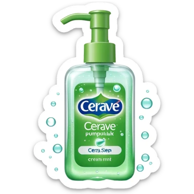 `CeraVe-shaped white rectangular pump bottle with soft green label CeraVe” stripe. Surrounded by floating water bubbles, glowing light particles, and a gentle green mist. Feels like a calm hydration spell in a bottle. Clean, glossy, emoji-style.`magical
 sticker