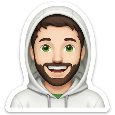laughing guy with white hoodie, green eyes, dark brown hair and a short full beard sticker