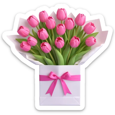 A bouquet of pink tulips in a white paper bag tied with a pink ribbon, in 3D iOS style, pastel colors, soft shadows, clean and minimalistic design. sticker