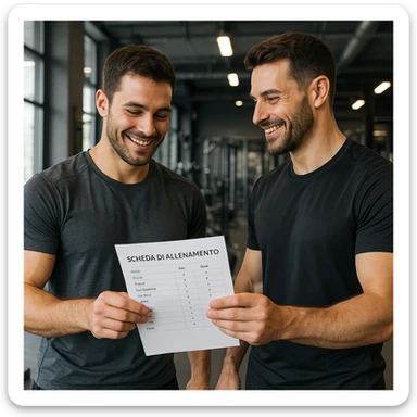 Uomo in palestra che riceve una nuova scheda di allenamento scritta in italiano da un istruttore, entrambi in abbigliamento sportivo, ambiente da palestra moderna, dettagli iperrealistici 4K, espressioni sorridenti. sticker