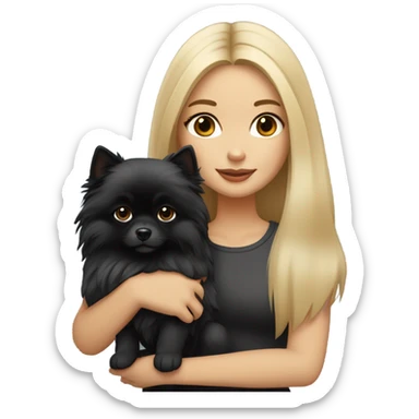  blonde girl, medium-length straight hair, full lips, gray eyes, fair skin, holding a black Pomeranian with tan in her arms sticker
