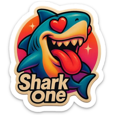 mouth open with tongue out heart shaped eye add the words “ Shark One " in White sticker