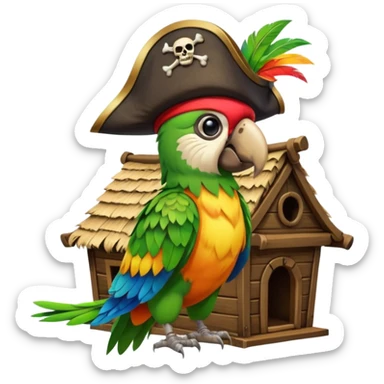 frontal view of an only Flying pirat parrot with a pirat hut. no other objects sticker