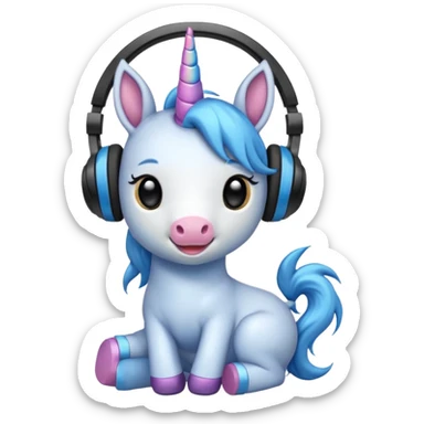 Unicornio bebé azul sentado escuchando música con auriculares negros sticker