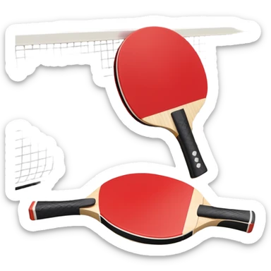 Two table tennis paddles and a ball placed on a ping pong table, with the net in the background. The scene conveys the simplicity and focus of the sport, with vibrant colors highlighting the rackets and ball on the smooth surface of the table. sticker