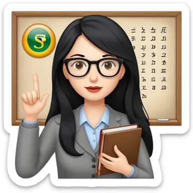 pale female teacher with long black hair, wearing glasses teaching Spanish sticker