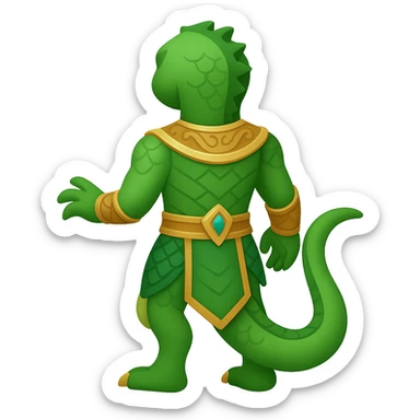 Create a full body reptilian humanoid in an ancient outfit, shown from the back view. Match the style and details of the reference image but adapt it to the emoji style. The background should be removed. The style is emoji-like, concise and simple, with clear details suitable for emoji representation. sticker