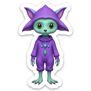 full body cute roughly humanoid peacefull alien furry with 2 legs and eye stalks stands upright and looks intelligent ...wears clothing. not green..looks happy and cudly... has 3 eyes...the alien has 3 eyes....it has an extra eye on single stalk on top of head sticker