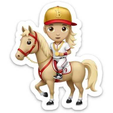 anthropomorphised horse in a hip-hop outfit, wearing a gold medal and a baseball hat sticker