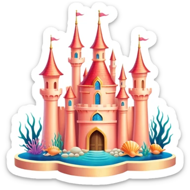 Ariel's underwater castle from The Little Mermaid, golden spires, colorful coral, seashell architecture, simple, white sticker