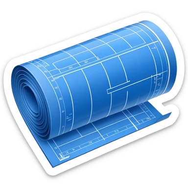 side view of a blue blueprint plan with white lines, partially unrolled sticker