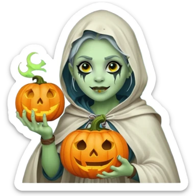 female orc ghost emoji, green skin, tusks, gentle smile, wearing flowing white ghost cloak with black eye holes, holding pumpkin lantern, faint glowing blue mist, Halloween fantasy, smooth Apple emoji style, white background, square sticker
