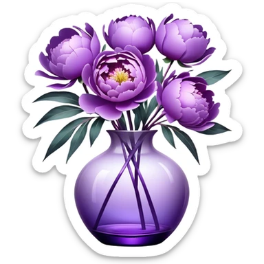 "Abstract peonies in shades of light purple and lavender, blending like soft brushstrokes. A glowing purple glass vase with surreal reflections, wrapped in a weightless, swirling satin ribbon."
 sticker