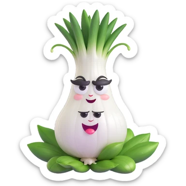 cute and funny anthropomorphic green onion character, round white onion body, large expressive eyes, green leaves as hair, exaggerated crying face with onion juice tears spraying out dramatically, highly expressive and humorous pose, pastel kawaii style, smooth soft textures, high quality lighting sticker
