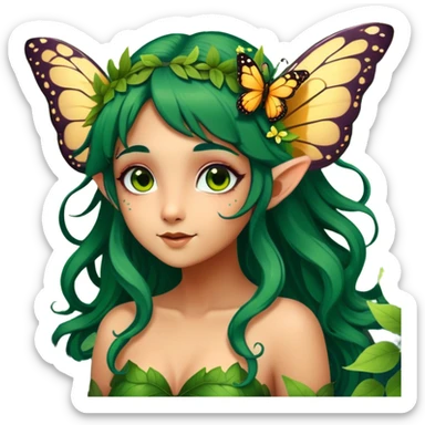 Cinematic Realistic Forest Fairy Portrait, head tilted playfully and inquisitively, showcasing a nature-inspired form with intricately detailed, sunlit tanned skin and cascading dark green hair interlaced with leaves and blossoms showing her large butterfly wings from her back. Her bright, curious eyes sparkle with forest mischief, rendered with lifelike clarity and warm, dappled lighting that captures the spirit of an enchanting woodland fairy ready to dance among the trees. sticker