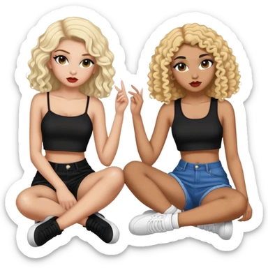 Full body of two teenage girls sitting together, one white with straight blonde hair and one brown-skinned with curly black hair, both with heavy makeup, big lips, crop tops and choni style clothing sticker
