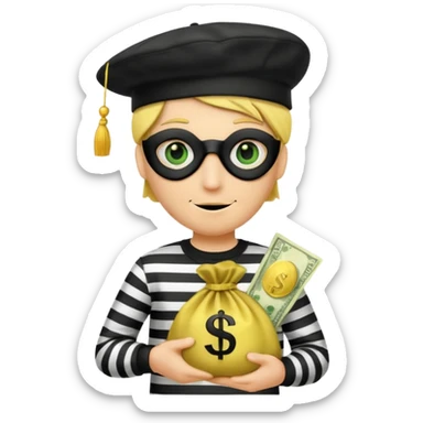 Create a high-quality emoji-style illustration of a cartoon thief character. The character should have a yellow face, wearing a black eye mask and a black beret. He is dressed in a black-and-white striped shirt. In one hand, he's holding a golden money bag with a green dollar sign on it.  sticker