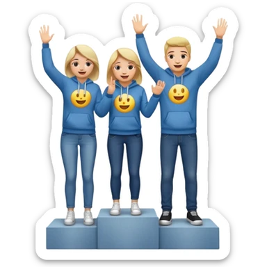 three casually dressed people on a winners’ podium with the middle step higher, all wearing jeans, t-shirts, and hoodies, excited and fun emoji style sticker