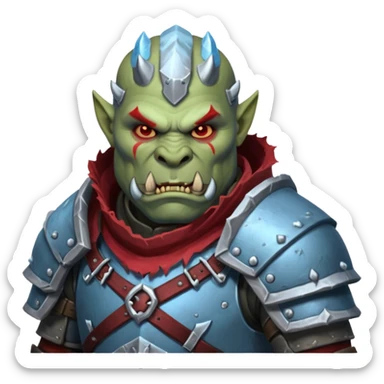 
Fantasy Christmas orc legion soldier icon, iron tundra army theme, heavy winter armor, disciplined brutal look, icy blue steel armor with deep crimson accents, frozen metal texture, cold winter atmosphere, male variant sticker