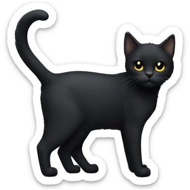 Full-body of a petite, solid black-furred cat with light yellow eyes, short fur, and small pointed ear tufts that blend into the black fur sticker
