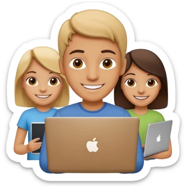 happy person joining a group with tools or a laptop, symbolizing teamwork and contribution sticker