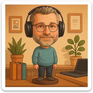 Create an illustration of this person standing in a design office, close to books and a laptop. The scene should be playful and creative, with the person as the main focus, in bobblehead style. sticker