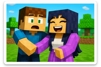 Add a surprised expression to the boy and a laughing expression to the girl in Minecraft style. Keep the blocky, pixelated Minecraft look with simple, colorful textures and cubic shapes. sticker