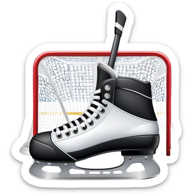 An icon showing a close-up of a hockey stick, puck, skates, and hockey net placed on the ice. The background features a packed stadium with bright lights, cheering fans, and snowy scenery outside. Transparent background highlights the key elements of the game. sticker