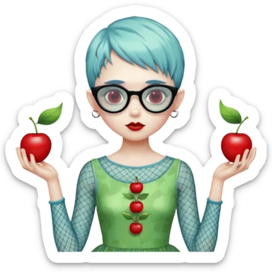 Ghoulia yelps monster high doll in scene/emo style cherry print dress with fishnet sleeves, clothes, thin, small, red, rectangle glasses, pale white-blue skin, pale-green pixie-cut sticker