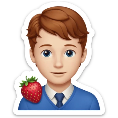 Please generate a portrait of a boy. He has light brown to reddish-brown wavy hair, a right side parting, longer sideburns, blue eyes, a snub nose, and a somewhat pronounced, strawberry-red pout. He is smiling. sticker