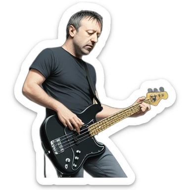 photo realistic, full body, Peter Hook from Joy Division, in 1979, playing, Yamaha black bass guitar, standing up, front view sticker