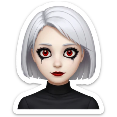 Afemale, unnatural eye color with veiny eyes, sickly skin texture combined with an unnatural creepy smile, liminal setting that feels wrong, uncanny eerie art style, scary femme fatale, bob cut, mole under eye, white hair, red iris, black mascara, black eyeshadow, Gothic white skin, sticker