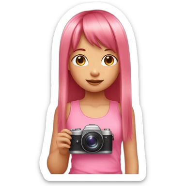 cute girl with long, straight rose hair with bangs and holding camera and wearing pink tank top sticker