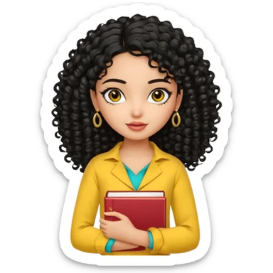 a pretty bratz girl with curly black hair wearing a yellow kurti, eyeliner, jhumkas, carrying books sticker